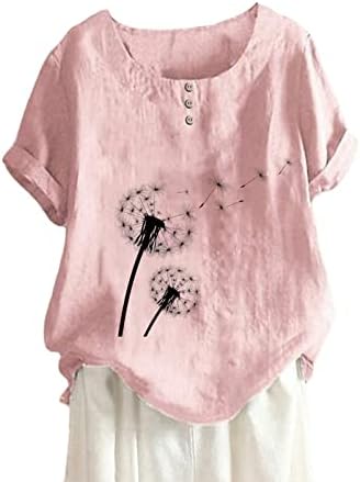 Camisas de outono de manga comprida Mulheres no verão Round Botão de algodão e dente -de -leão de manga curta t womens pequena