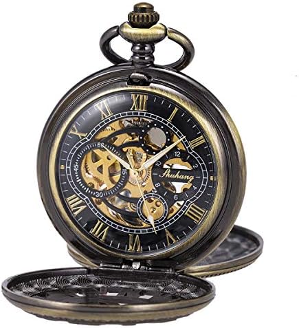 Sibosun Pocket Watch Skeleton Double Case Double Caso Manual Numbers Romanos Mens Antique Chain