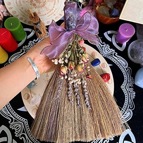 OKDOKEY 12,2 Bruxa de altar de bruxa | AMETHYST CRISTAL DECO WICCA Brush | Broomstick Miscanthus Handmade para Majic Cerimonial,