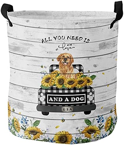 Caminhão xadrez preto com cachorro Sunflower Oxford Cloth Laundry Hampers, cesta rural de listras de madeira retro de madeira