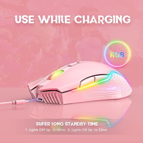 Simgal RGB sem fio recarregável mouse de jogos e fone de ouvido de jogos rosa com microfone