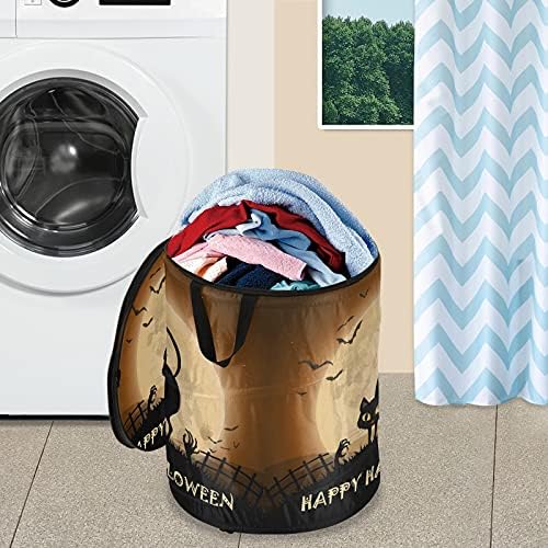 Halloween Black Cat Bat Pop Up Laundry Horse com tampa de cesta de armazenamento dobrável Bolsa de roupa dobrável para acampamento