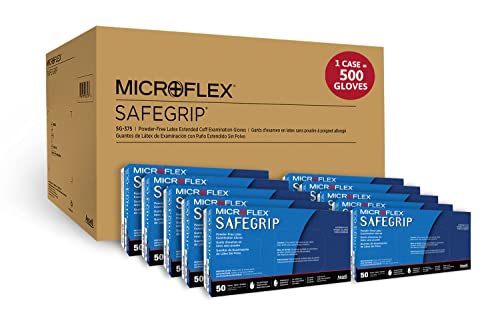 Microflex Safegrip SG-375 Luvas de látex descartáveis ​​extras para ciências da vida, automotivo com pontas de pontas de textura,