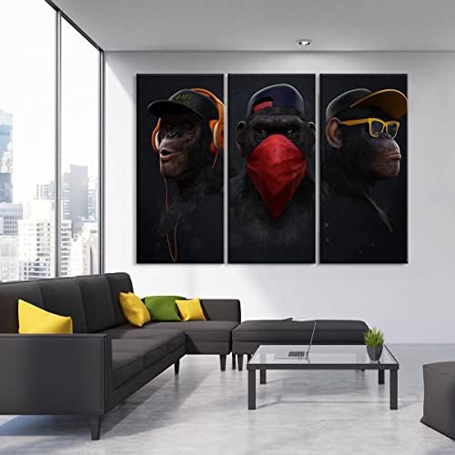 3 peças Arte em painel de tela emoldurada - três macacos sábios decoração de parede moderna para a sala de estar caverna)