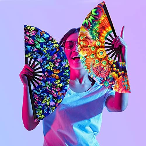 BBTO 4 PCS UV GLOW Clack Fan dobring Hand Fan For Men Mulheres grandes raves fãs de mão japonesa chinesa para o EDM