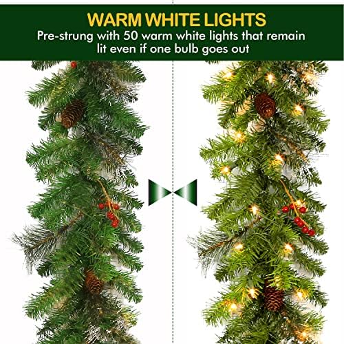 Hykolity 9 pés. Garland artificial de Natal com 50 luzes brancas quentes, guirlanda de Natal pré-iluminada para portas, janelas,