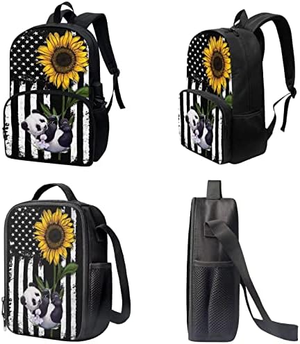 POCEACLES American Flag Panda Design de girassol 17 Alunos Backpack de poliéster com lancheira para bolsas de livros do