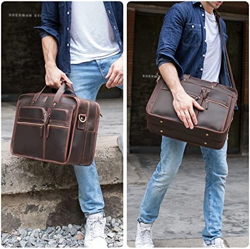 Pouca de couro de grão completo masculino grande laptop para laptop para laptop de 17 polegadas com bolsa de mensagens com zíperes