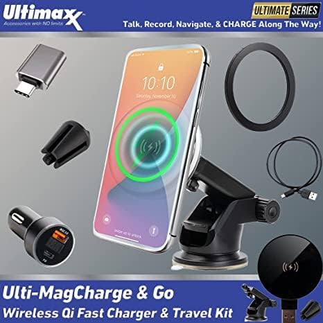 Ultimaxx Wireless Qi Charger e Kit de viagem. Extensão Anel magnético Adaptador USB-C Clip de ventilação e adaptador de