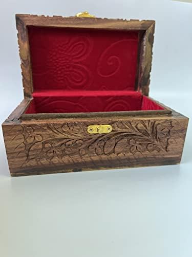 APEXGLOBAL Caixa de jóias de madeira esculpida. Rosewow de pau -rosa indiano artesanal. 9 cm x 20 cm x 12 cm. Ideia de
