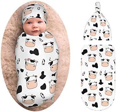 Recém -nascidos de vaca fofa, cobertor e chapéu, menino, menina, macio bebê que recebe um saco de sono para bebês para bebês