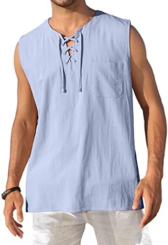 Tanque de linho de algodão masculino de kuyigo camisetas casuais casuais camisetas masculinas com renda sem mangas na praia hippie