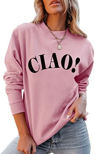 QYZ -TOP CIAO Italiano Hello Pullover - Womens Casual Letra Longa Letra Italiana Garadão de Selta Gráfica Tops