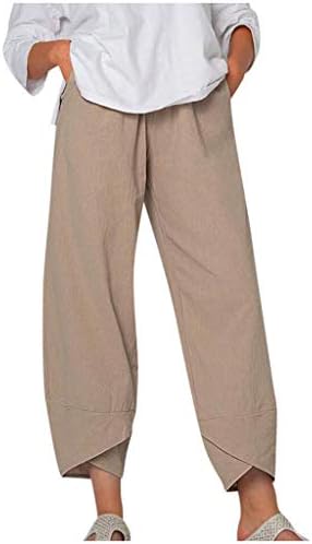 Calças retas de linho de algodão da cintura alta elástica para mulheres casuais básicas confortáveis ​​calças de salão