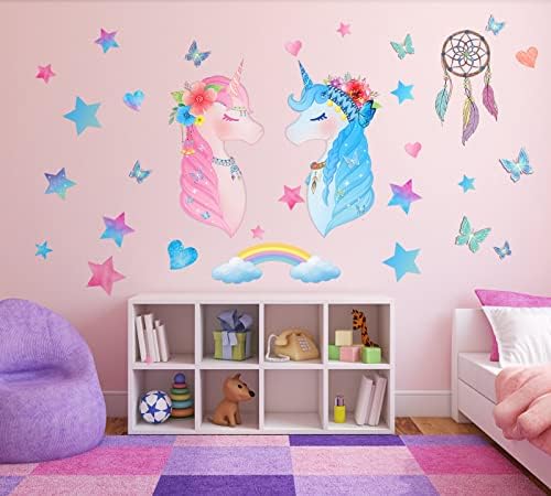 Decoração de quarto unicórnio para meninas, decalques de parede de unicórnio, decoração da sala de jogos, Rainbow Dreamcatcher