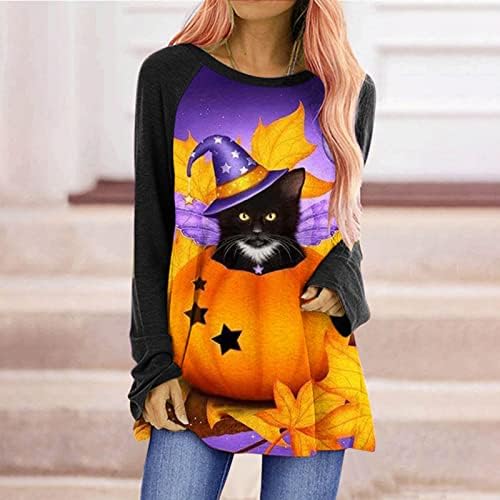 Mulheres Halloween Camise Casual Top Top Trendy Loose Fit Pumpkin Túnica longa camiseta de gato fofo Blusa de treino