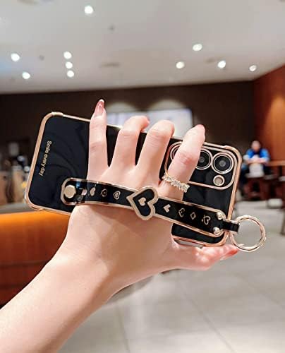 Caixa de Hosgor Galaxy S23 com cinta, S23 Luxury Black Gold Electroplate Heart Design com pulseira Kickstand Soft TPU Case estética