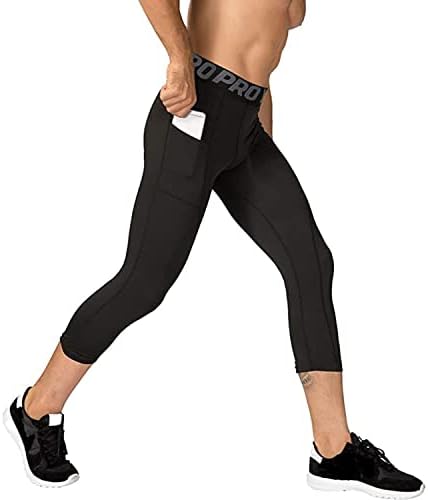 Calças de compressão para homens 3/4 Capri Leggings Workout Dry Fit, executando calças de ginástica atlética 3 pacote com bolsos