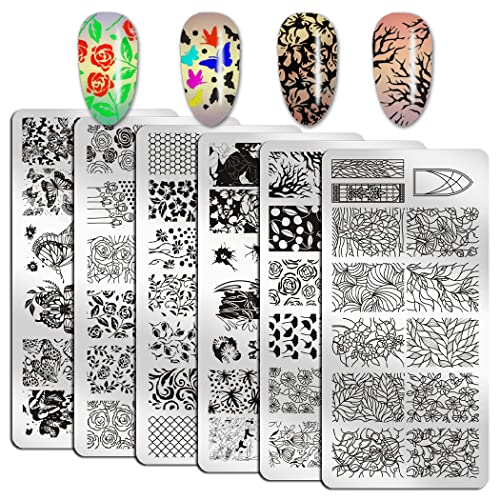 Wokoto 6pcs Nail Art Stamping Placas Kit com Flor Butterflies Rose Bird Image Models Streting Nail Art Tools