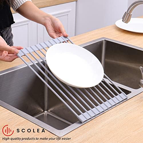 Scolea Roll Up Dish Secying Rack sobre a pia, roll-up de roll-up dobrável com revestimento de silicone para pia de cozinha para