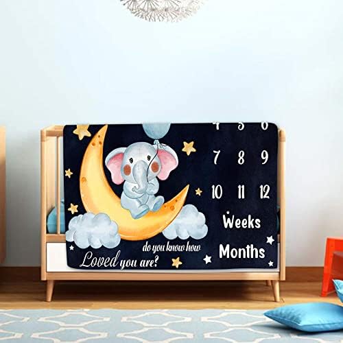 Cobertor mensal do bebê Lylycty, Black Night Sky Moon Star Cute Elefante Baby Age Cobertor de memória Cobertor, Twinkle Twinkle Little