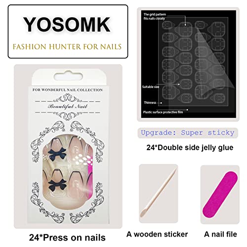 YOSOMK 3D Pressione as unhas médias Francês Black Bow Farte Fake Unhas com desenhos unhas falsas brilhantes para mulheres