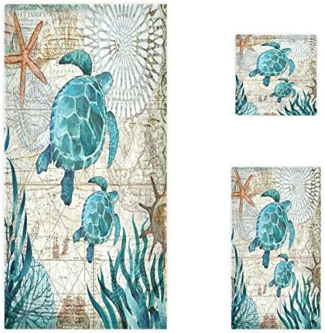 NAANLE Vintage Ocean Sea Turtles Starfish Map Soft Luxury Decorativo Conjunto de 3 toalhas, 1 toalha de banho+1 toalha de mão+1