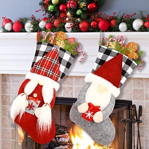 Conjunto de 2 meias de Natal personalizadas 3D Gnomos Santa Christmas Meias de Red e Cinza Felcida de Natal Lareira pendurada para