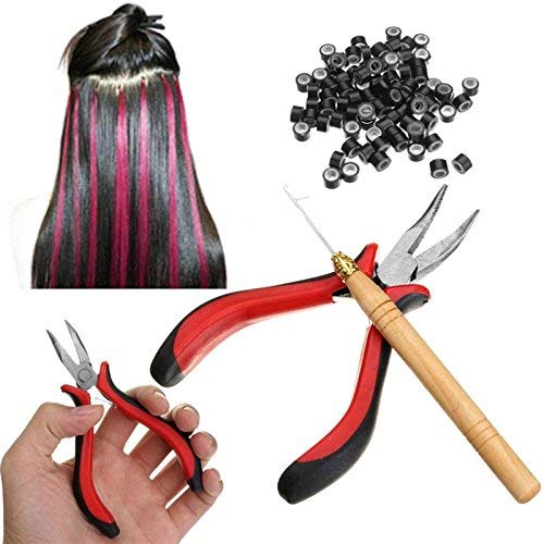 Kit de ferramentas de extensões de cabelo Pliers- Pro 200 anéis de link de silicone Biços + 1pcs Pelier + 1 PCS Wire Hook