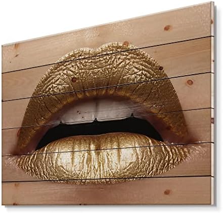 Designq Close Up de lábios gordurosos femininos com batom dourado Modern e contemporâneo Decoração de parede de madeira,