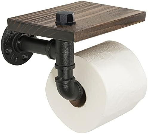 Excello Global Products Industrial Toilet Paper Porta com prateleira de madeira rústica e hardware de tubo de ferro fundido