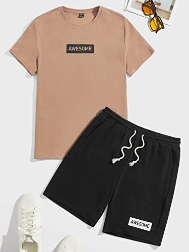 Roupas de duas peças para homens, letra, camiseta gráfica e shorts de cintura de cordão