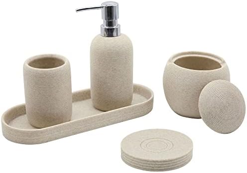 Conjunto de acessórios para banheiros de resina, 5 PCs Pesado e resistente Acessório de banheiro bege fosco com dispensador