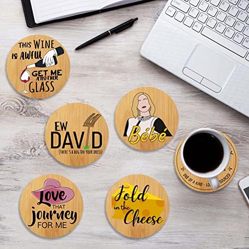 Coasters engraçados de bambu para bebidas, programas de TV de mercadorias, conjunto de 6 montanhas -russas fofas com titular e