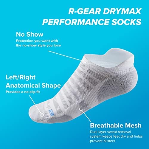 R-GEAR DRYMAX SEM SHOW SOCKS RUNDO PARA HOMENS E MULHERES, CUSHION LIGHT | Respirável, controle de umidade e anti -bolha |