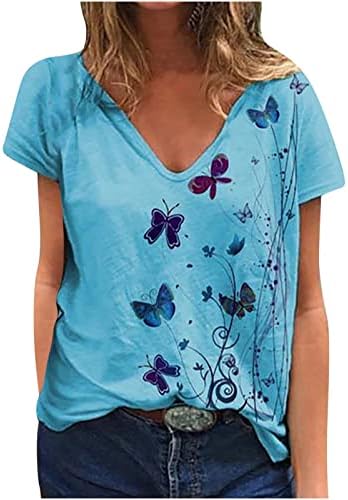 Camisas de manga curta para mulheres Deep V pescoço spandex Butterfly Floral Graphic Relaxed Tops camisetas meninas