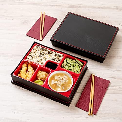 Bento tek retângulo preto e vermelho Grande caixa de bento japonês - 6 compartimentos, com tigela - 12 1/4 x 9 3/4 x 2 1/4 - 1 caixa
