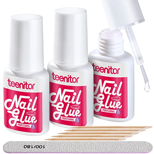 Cola de unha para unhas de acrílico, cola de pincel adolescente 3pcs com arquivos de unhas 100/180, cola falsa para