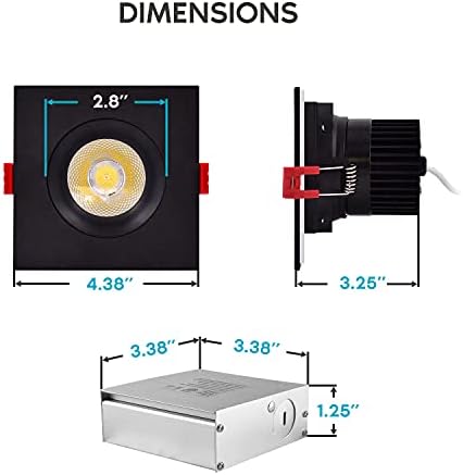 LUZRITE LED LED quadrada ajustável de cabeça única, 12W = 60W, 5 cor selecionáveis ​​2700k - 5000k, 800 lúmens, 4 polegadas