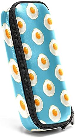 Omelette azul fundo de couro lápis bolsa de caneta com saco de armazenamento de saco de papelaria duplo com zíper para escritórios