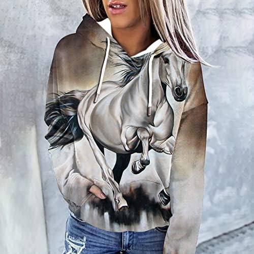 Tops impressos a cavalo para mulheres Trendy Trendy Treating Pullover Capuz Capuz 3D bolso gráfico de manga comprida moletom