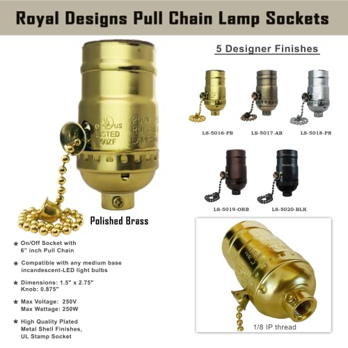 Royal Designs, Inc. Pull Chain Lamp Socket para lâmpadas incandescentes ou LED, cadeia correspondente de 6 , acabamento em latão