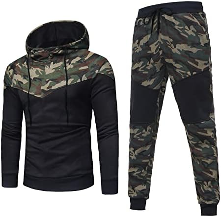 Outono e inverno masculino conjunto de duas peças de moda costura de camuflagem de suéter de suéter de com capuz de traje de suor