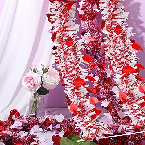 Decorações de guirlanda de tinsel de coração vermelho e rosa, ornamentos de enfeites metálicos brilhantes para o dia dos namorados