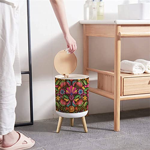 Lata de lixo pequeno com tampa de bordado floral colorido Design mexicano Round Recick Bin Pressione Top Poft Waste Casket Para