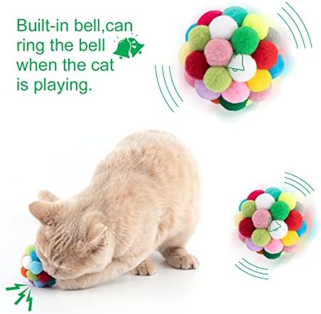 Mewtogo 9 PCs Bolas de brinquedo de gato com sino - gato redondo pom pom bolas peludas sino embutido, bola colorida