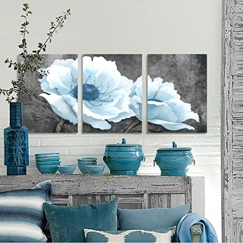 Arte de parede de lona para quarto Sala de estar azul Flores brancas de fundo cinza Impressões de imagem emoldurada Decoração