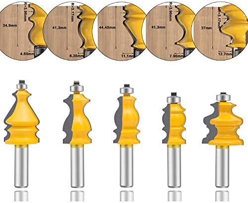 Leatbuy 1/2 polegada Router de moldagem arquitetônica de 1/2 polegada Conjunto de 5 PCs, Rounding Rounding Rounding Routing Bit