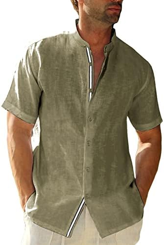 Hestenve Linen Cotton Casual Button Down camisa de manga curta Camisa de praia Collar Gola Guayabera Camisas Tops