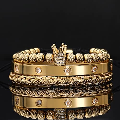 WFYOU 3PCS Aço inoxidável Pulseiras imperiais da coroa para homens Pulseira de pulseira romana de ouro
